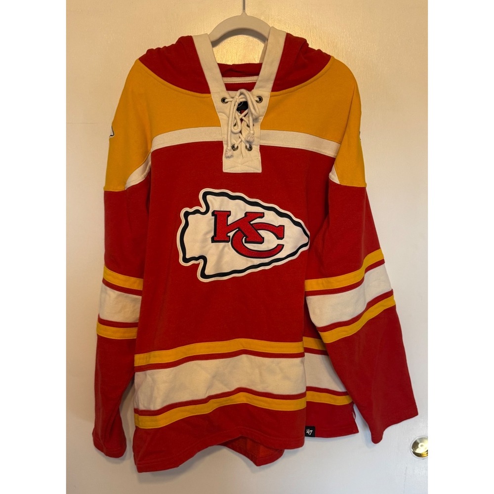 '47 Brand Kansas City Chiefs Lace Up Hoodie Jersey Red Gold Mens XXL Large